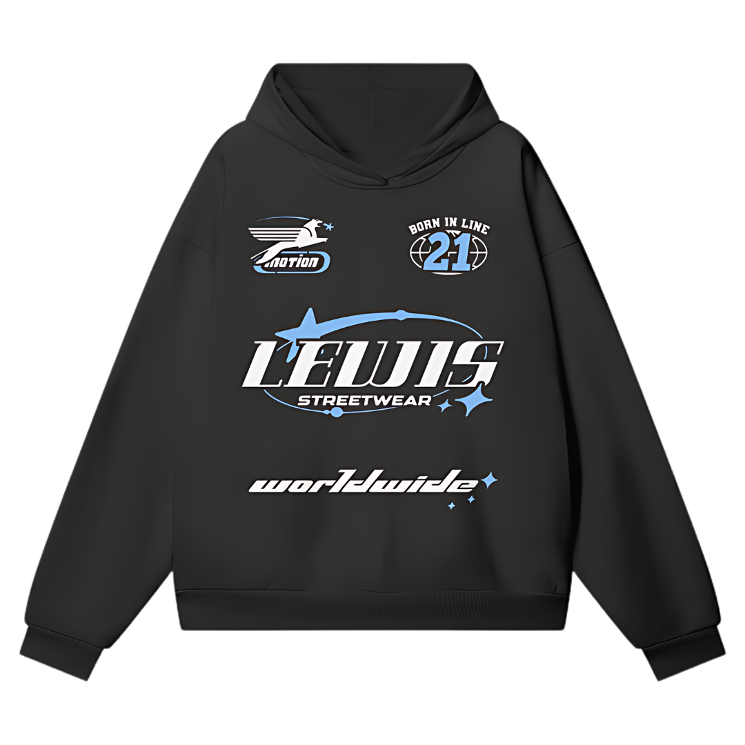Lewis Born In Line Racing Oversize Heavyweight Hidden Pocket Fleece Hoodie - Black