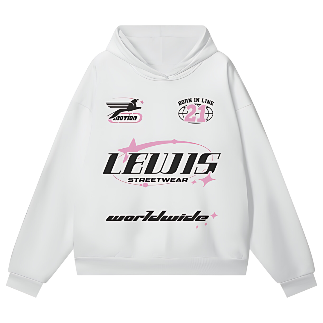 Lewis Born In Line Racing Oversize Heavyweight Hidden Pocket Fleece Hoodie - White/Pink