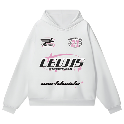Lewis Born In Line Racing Oversize Heavyweight Hidden Pocket Fleece Hoodie - White/Pink