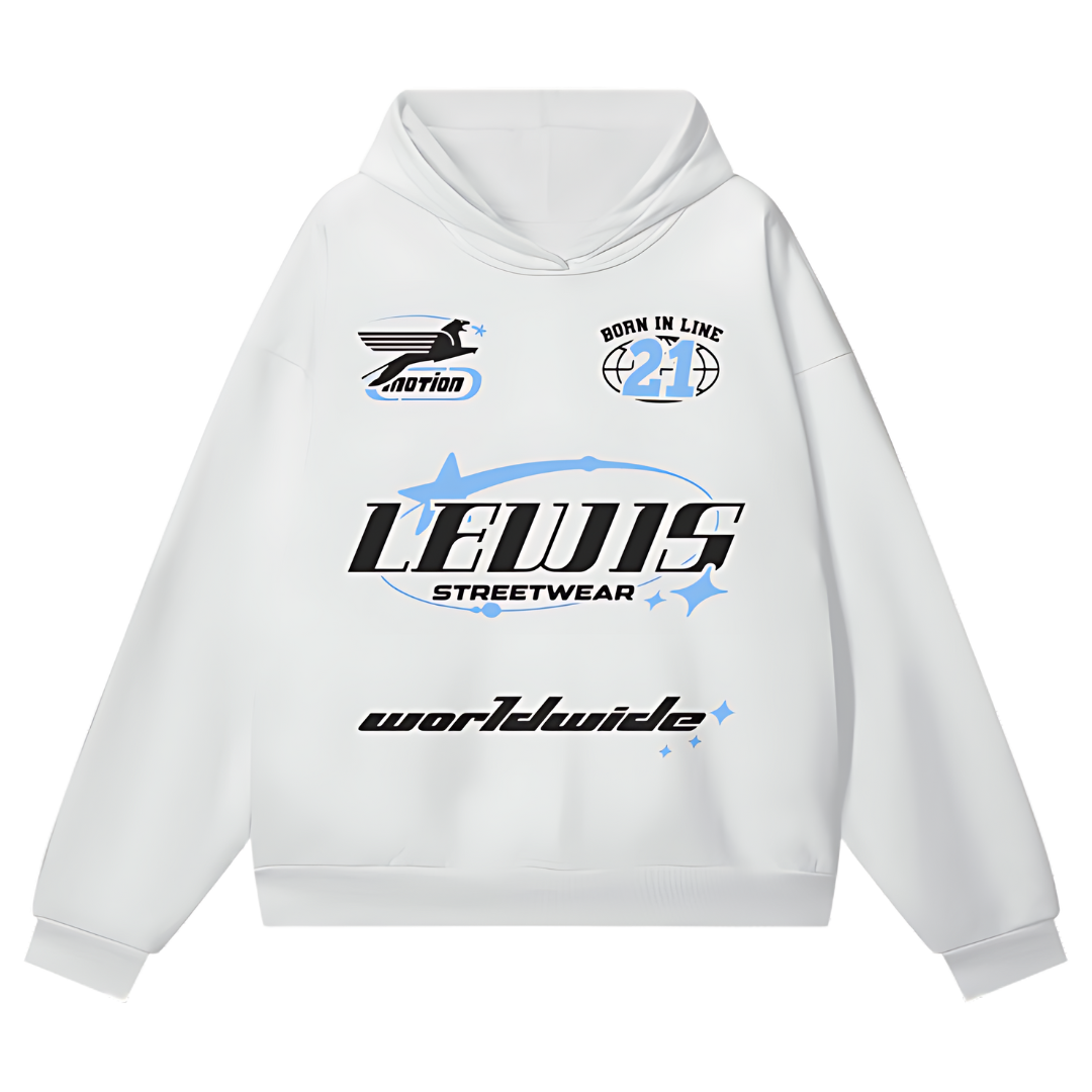 Lewis Born In Line Racing Oversize Heavyweight Hidden Pocket Fleece Hoodie - White